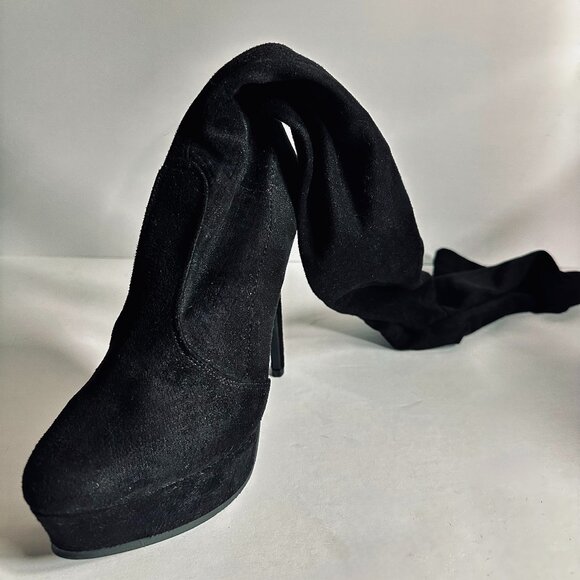 s8| Miss Lola | Black Vegan Suede Thigh-Hi Stiletto Boots | BNWT 🖤👢✨ - Picture 2 of 11